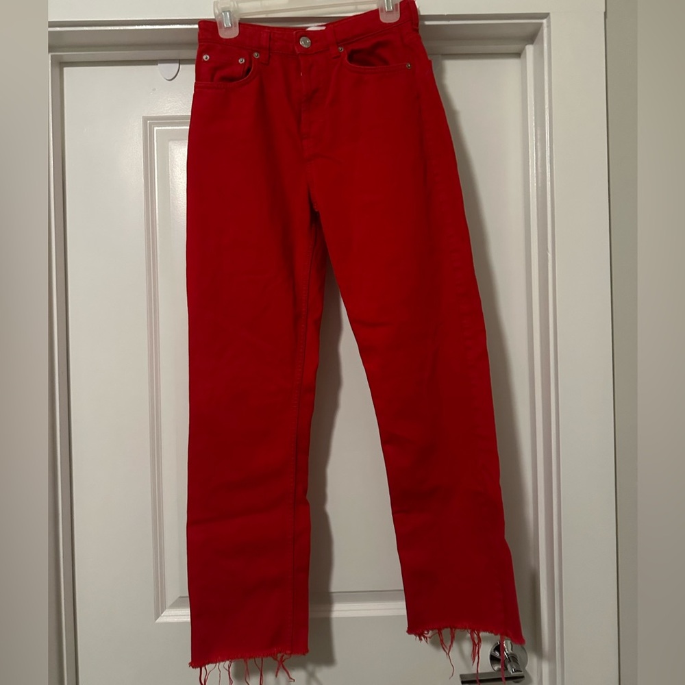Women Zara Straight Leg Jeans With Raw Hem